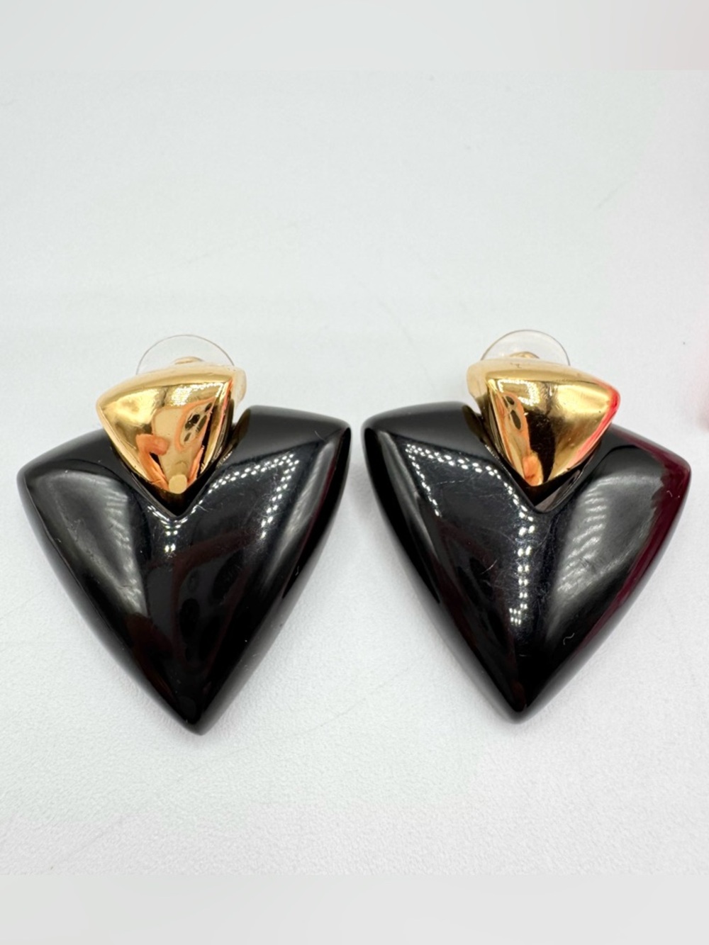Vintage 80s Puffy Black Lucite Triangle Doorknocker Earrings Gold Tone Retro